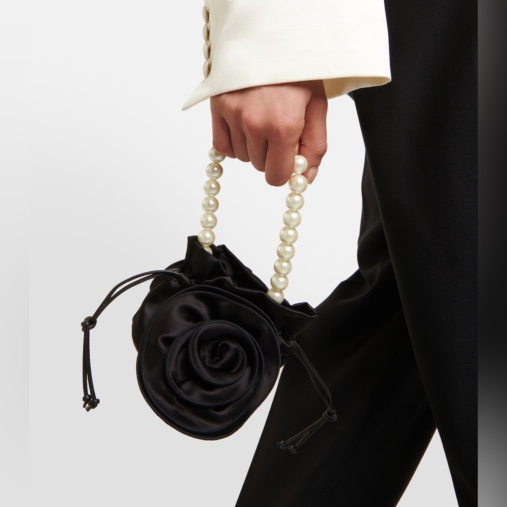 MAGDA BUTRYM pearl magda black silk satin bucket 3D rose crossbody evening bag
